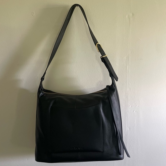 DOLCE VITA BLACK LEATHER ADJUSTABLE CROSSBODY TOTE BAG - Picture 1 of 4